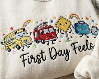 Embroidered First Day of School  Sweatshirt, New Teacher Shirt, Doodle School Bus Shirt, Teacher Appreciation Gift, Back to School Gift