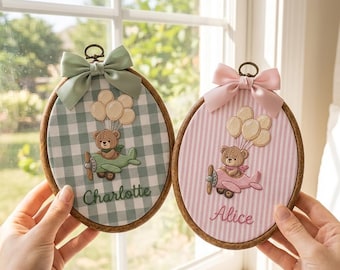 Personalized Embroidered Teddy Bear Little Boy Girl Name Hoop, Name Reveal Sign Heirloom, Nursery Wall Decor, New Arrival Party Keepsake