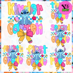 Blue Alien Back To School PNG Bundle, Preppy Pre-K To 4th Grade, Cartoon First Day Of School Design, Cartoon Pastel Bow Png, Cute School PNG