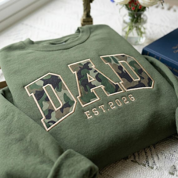 Embroidered Retro Camo Dad Shirt, Camouflage Sweatshirt, New Dad Crewneck, Custom Est Dad Camo Applique Tee, Father's Day Gift