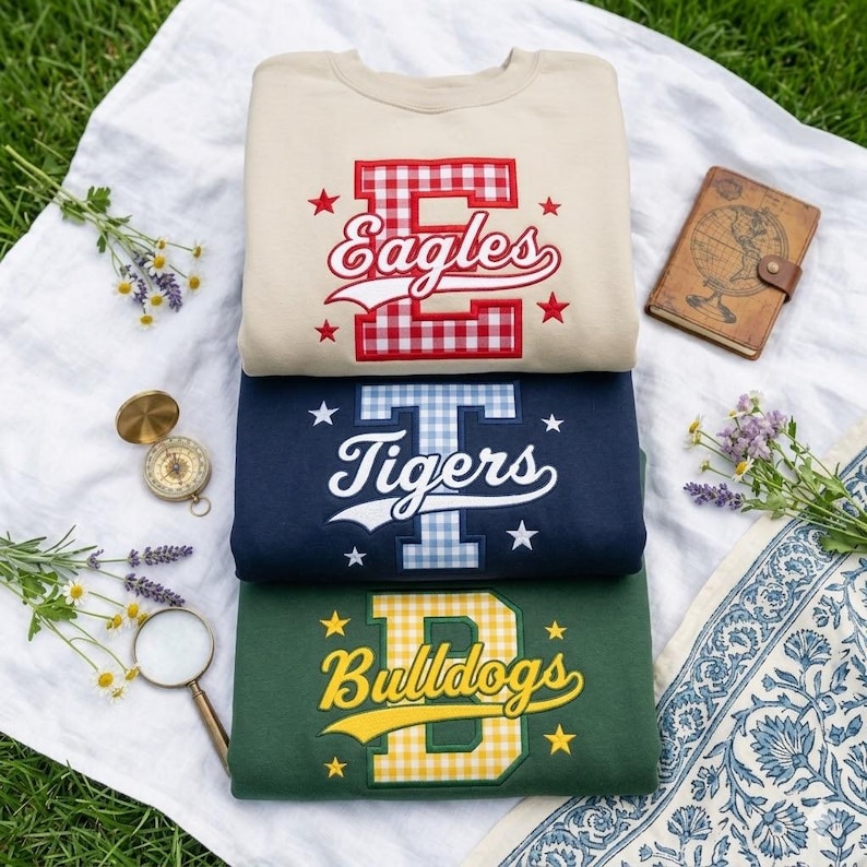 Custom Varisty Letter Embroidered Shirt, Personalize School Spirit Crewneck, Test Day Tee, Gingham Applique Shirt, Back To School Shirt image 2