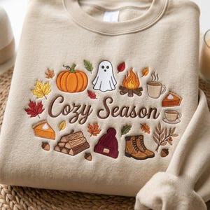 Geborduurd gezellig seizoenssweater, griezelig seizoenssweatshirt, herfstpompoensweatshirts, herfstkleding, gezellig herfstshirt, cadeau voor haar