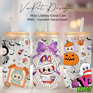 Spooky Cartoon Halloween Dolls Glass Can Wraps, 16oz Sublimation Libbey Glass Can Designs, Boo Drink Can Wrap PNG, Digital File
