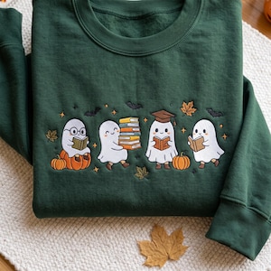 Cute Ghost Book Club Embroidered Sweatshirt, Cozy Fall Reading Crewneck,  Halloween Library Shirt, Bookish Gift, Autumn Book Lover Gift