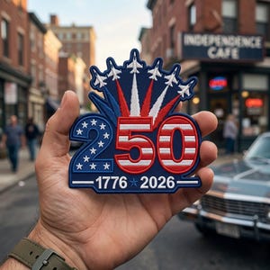 May include: A patriotic patch featuring the number "250" in red and white stripes, with a blue border and white stars. The design includes stylized jets and the dates "1776 2026".