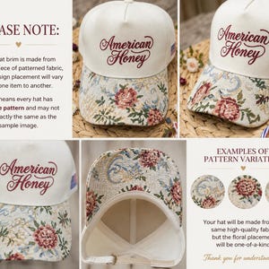 May include: Cream-colored baseball cap with "American Honey" embroidered in burgundy script. The brim features a floral tapestry design with red and pink flowers. A small American flag is visible.