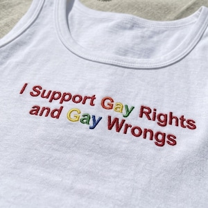 Embroidered I Support Gay Rights And Gay Wrongs Tank Top, Funny LGBT Pride Saying Top, Y2K Aesthetic Tee, Gift for Gay Friends, Pride Gifts