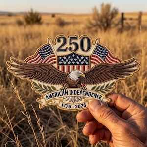 May include: Embroidered patch featuring a bald eagle with outstretched wings, the American flag, and the number 250. The text reads "AMERICAN INDEPENDENCE 1776-2026". The patch has a cream-colored border and is held against a blurred outdoor background.