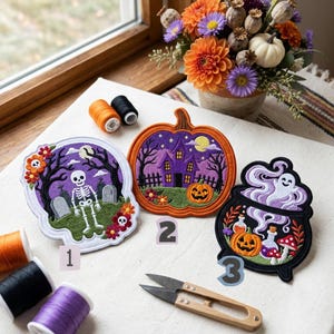Może przedstawiać: Trzy haftowane naszywki z motywami halloweenowymi: szkielet na cmentarzu, nawiedzony dom w kształcie dyni oraz duch unoszący się nad kociołkiem. Naszywki są ułożone obok szpulek nici i nożyczek krawieckich.