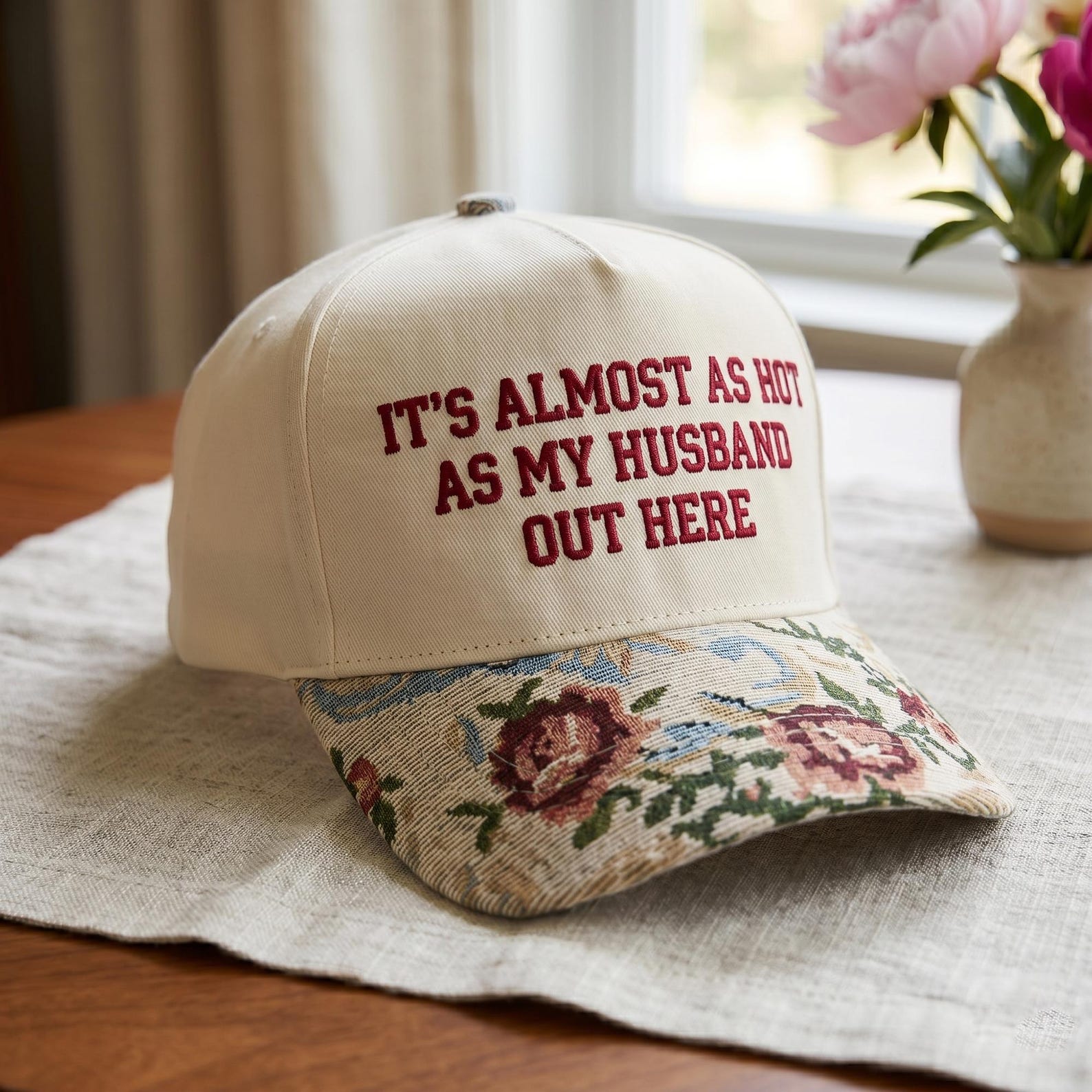 Embroidered As Hot As My Husband Out Here Hat, Floral Tapestry Brim Hat, Sarcastic Wife Hat, Cottagecore Summer Vacation Hat