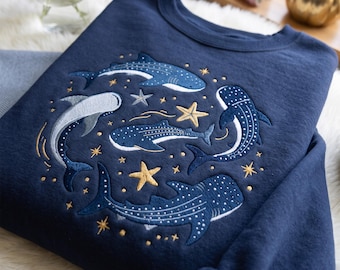 Embroidered Whale Shark Sweatshirt, Ocean Whale Crewneck, Marine Life Shirt, Blue Whale Pullover, Coastal Sea Animal Gift, Sea Lover Gift