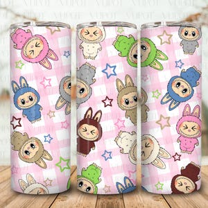 Geruite pop cartoon 20oz magere beker wrap png, roze stripfiguur beker wrap png, cartoon 20oz beker wrap, cadeau voor kinderen png