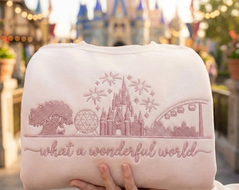 What A Wonderful World Embroidered Sweatshirt, Magical Park Trip Sweatshirt, Skyline Embroidery Crewneck, Vacation Trip Outfit