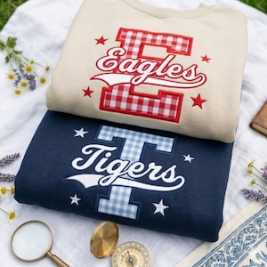 Custom Varisty Letter Embroidered Shirt, Personalize School Spirit Crewneck, Test Day Tee, Gingham Applique Shirt, Back To School Shirt image 3