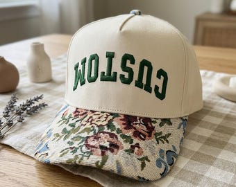 Custom Embroidered Upside Down Text Floral Brim Hat, Personalized Floral Hat For Her, Vintage Cottagecore Hat, Retro Tapestry Brim Hat