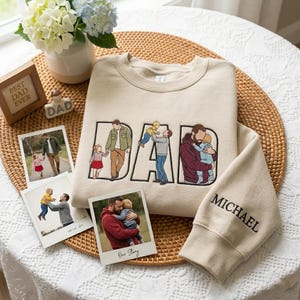 Felpa personalizzata con ritratto di papà ricamato, foto personalizzata del papà con nome sulla manica, maglietta per neo papà, regalo per la festa del papà