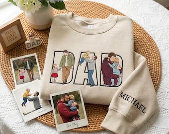 Geborduurd sweatshirt met custom vaderportret, gepersonaliseerde vaderfoto met naam op mouw, shirt nieuwe vader, Vaderdagcadeau