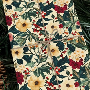 Botaniczny kwiatowy wzór opakowania na prezenty świąteczne, Holly Design, Cottagecore, świąteczny, opakowanie świąteczne, papier dekoracyjny