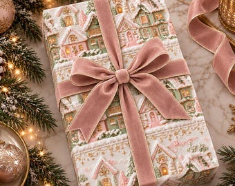 Puede incluir: Una caja de regalo rectangular envuelta en papel blanco con un patrón repetitivo de casas de color rosa y verde pastel con ventanas iluminadas, atada con una cinta de terciopelo rosa empolvado dispuesta en un gran lazo centrado arriba.
