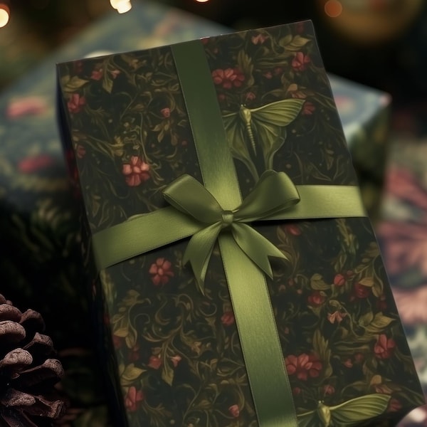 Luna Moth Weihnachtsgeschenkpapier, Gothic Dark Academia Botanicals Mystisch Geburtstage besondere Anlässe, Geschenkpapier