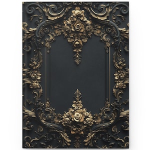 May include: A hardback journal with a black cover featuring an ornate gold floral design. The cover has a rectangular frame with detailed gold roses and scrollwork. The journal is closed and ready for use.
