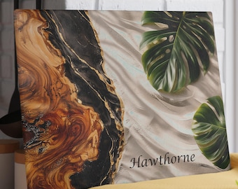 Tabla de cortar de vidrio con ágata jaspeada y monstera / Decoración de cocina personalizada / Efecto madera / Día de la Madre