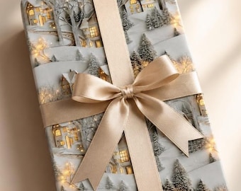 May include: A rectangular gift box wrapped in paper featuring a winter village scene with snow-covered houses and evergreen trees. The package is tied with a wide, smooth, champagne-coloured satin ribbon arranged in a classic cross-pattern bow.