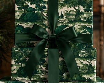 Toile de Jouy wrapping paper, French Countryside Cottages scene, Christmas Wrapping paper,Birthday, Scrapbooking paper, Gift wrapping roll