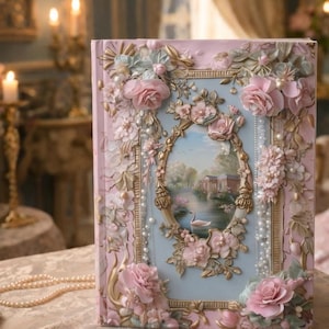 May include: A pink, ornate book with a floral design. The cover features a central oval painting of a swan on a lake, framed by gold embellishments, pink roses, and faux pearls. The book's edges are also decorated with flowers.