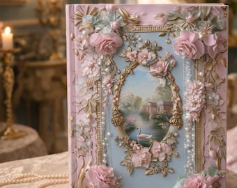 Rococo Floral Swan Journal hardcover, barokke stijl, elegant, schrijver, decoratief, gedecodeerd effect, verjaardag, gastenboek, luxe briefpapier