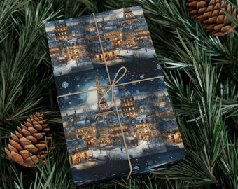 New Christmas Paris Night Wrapping Paper - Festive Holiday Gift Wrap, Eiffel Tower Gift Wrap, Holiday Present Wrap, Vintage Christmas