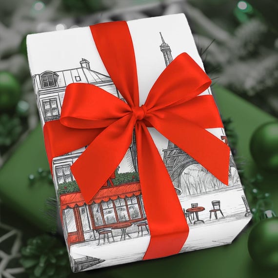 Paris Shops Christmas Facade Wrapping Paper, Whimsical Gift Wrap Christmas Wrapping City Scenes With Eiffel Tower, Valentines Day