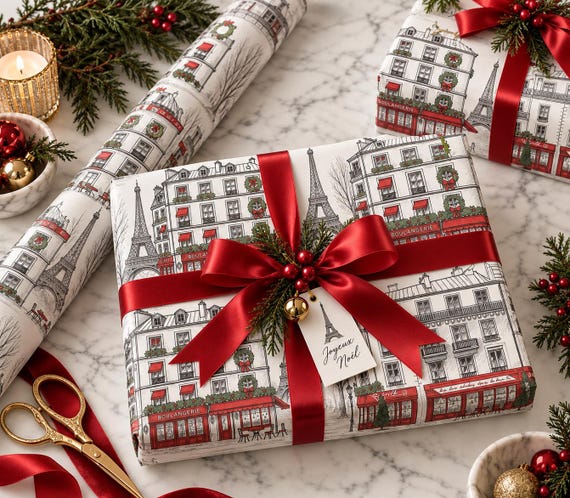 Paris Shops Christmas Facade Wrapping Paper, Whimsical Gift Wrap Christmas Wrapping City Scenes With Eiffel Tower, Valentines Day