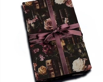 Dark Academia Library Boekenplank Inpakpapier Boekachtig Bloemen Duisternis Esthetisch Vintage Victoriaans Donkere romantiek