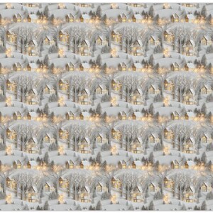 May include: A repeating pattern of a winter landscape featuring small houses nestled in snow-covered hills with bare trees and warm glowing windows. The scene depicts a quiet, snowy village setting with soft white, gray, and golden yellow light tones.
