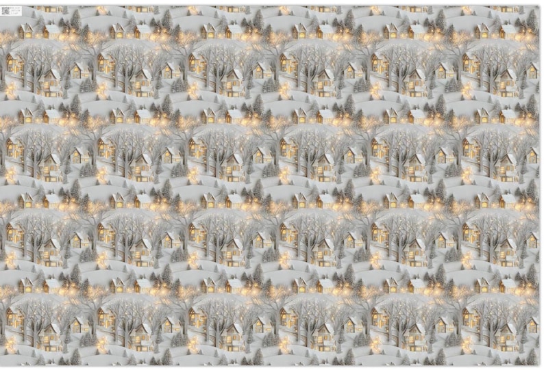May include: A repeating pattern of a winter landscape featuring small houses nestled in snow-covered hills with bare trees and warm glowing windows. The scene depicts a quiet, snowy village setting with soft white, gray, and golden yellow light tones.