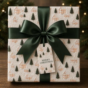 Papier cadeau toile effet broderie village de Noël, confortable, fantaisiste, forêt, papier cadeau des fêtes, emballage de fête, rouleau d'emballage
