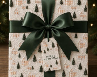 Toile Embroidery Effect Christmas Village Wrapping paper, Cozy, Whimsical, Woodland, Holiday Gift Wrap, Festive Wrapping, Wrapping Roll