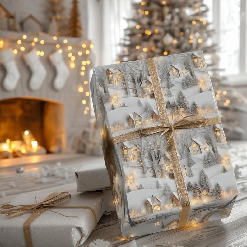 May include: A rectangular gift box wrapped in white paper featuring a printed winter village scene with snow-covered houses and trees, tied with a shimmering gold ribbon. The design includes illuminated windows and soft golden highlights throughout.
