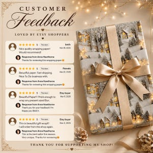 May include: A rectangular gift box wrapped in paper featuring a winter village scene with snow-covered houses and trees, tied with a wide gold satin ribbon. The image includes customer feedback text with five-star ratings and shop responses.