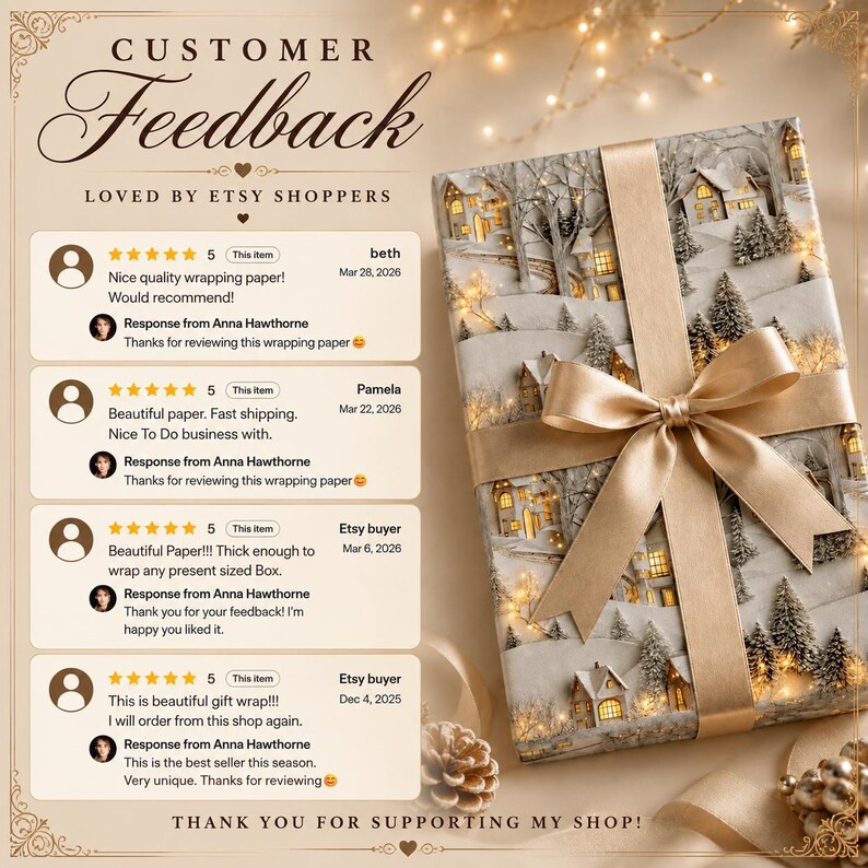 May include: A rectangular gift box wrapped in paper featuring a winter village scene with snow-covered houses and trees, tied with a wide gold satin ribbon. The image includes customer feedback text with five-star ratings and shop responses.