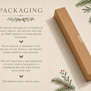 May include: A long, rectangular brown cardboard shipping box positioned diagonally on a light beige background. The image includes text detailing packaging procedures and decorative green pine sprigs with red berries in the corners.