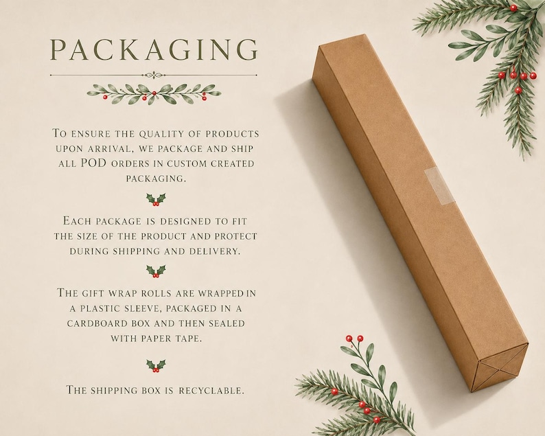 May include: A long, rectangular brown cardboard shipping box positioned diagonally on a light beige background. The image includes text detailing packaging procedures and decorative green pine sprigs with red berries in the corners.