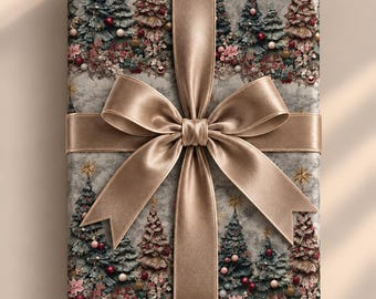 Puede incluir: Una caja de regalo rectangular envuelta en papel gris con un patrón repetitivo de árboles de Navidad decorados en tonos verde, rosa y dorado. Una cinta de satén ancha, lisa y de color champán metálico está atada en un gran lazo.