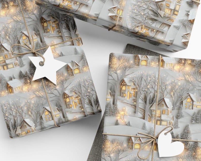May include: Three rectangular gift boxes wrapped in white paper featuring a winter village scene with snow-covered houses, bare trees, and warm glowing lights. Each package is tied with brown twine and includes a white paper gift tag.