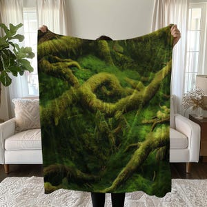 Forestcore Velveteen Blanket, Moss Green Home Decor, Botanical Cottagecore Throw, Soft Plush Bedding Gift, Nature Lover Blanket