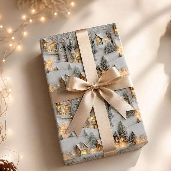 Toile Christmas Wrapping Paper Snow Village Theme, Holiday Charm, Magical Realism, Warm Glow, Intricate Details, Elegant, Paper Roll