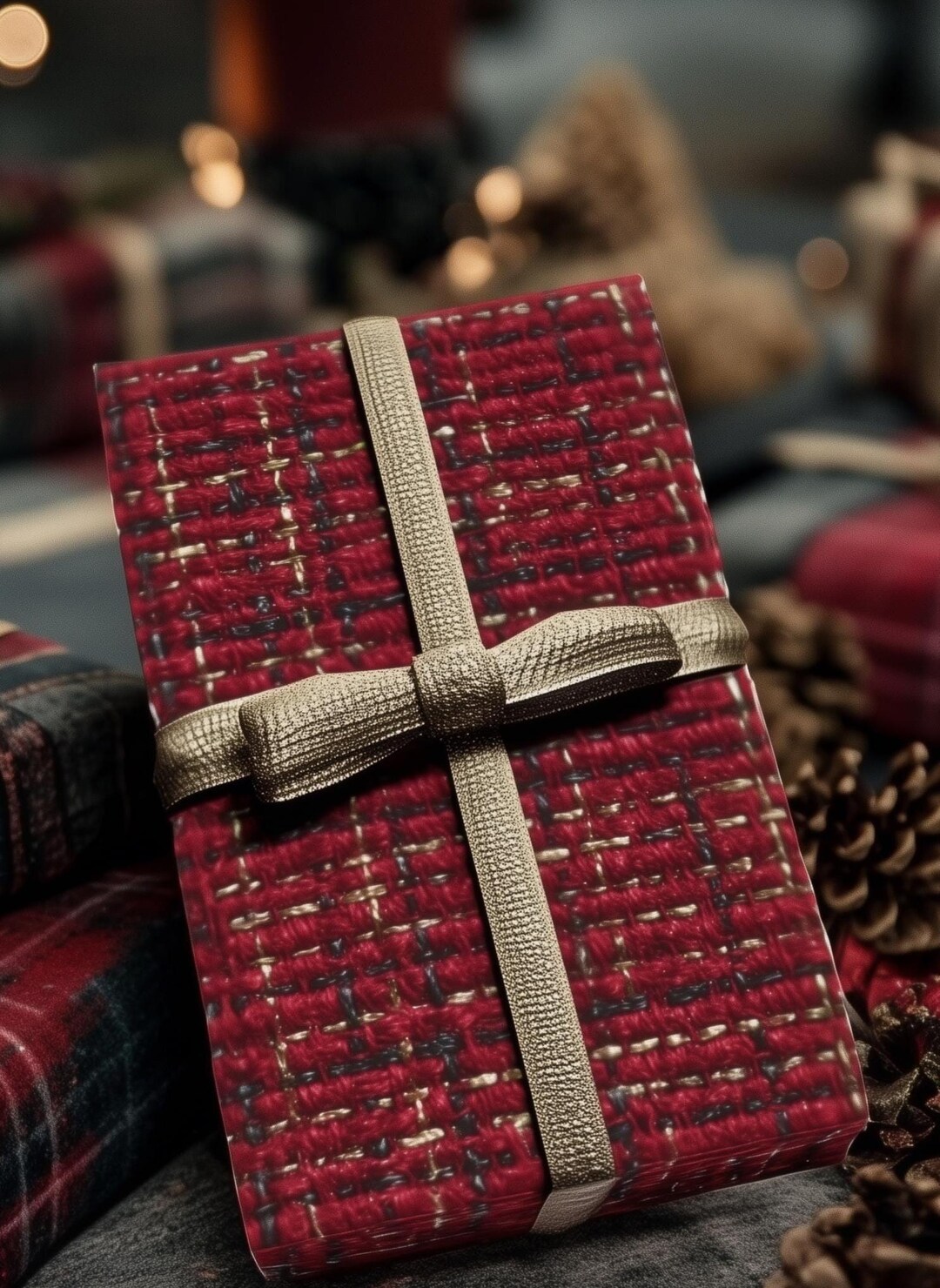Wrapped Chic Red Tweed Fabric Effect Gift Wrap, Chic Christmas Birthday Paper ...