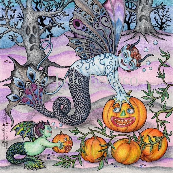 MERGOBLINS AT HALLOWEEN Merfolk Goblins Sea Pumpkins Halloween Art Print from an Original Fantasy Art Painting