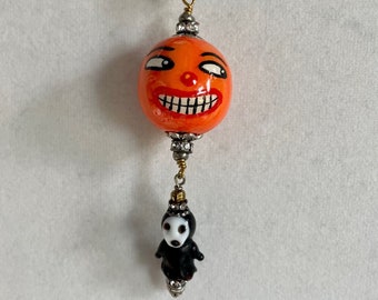 JOL PUMPKIN Wire-Wrapped Necklace Glass Beads Crystal Rondelles Adorable Glass Grim Reaper